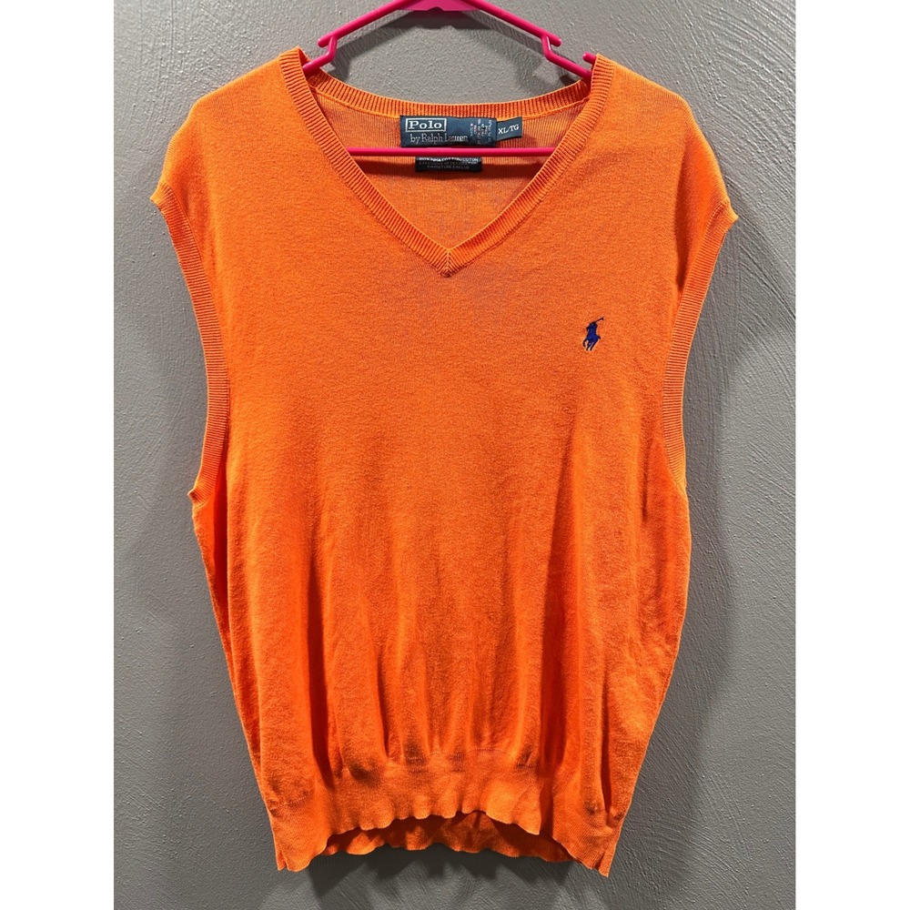 Polo Ralph Lauren Orange Pima Cotton V-Neck Sweater Vest Mens XL Blue Pony